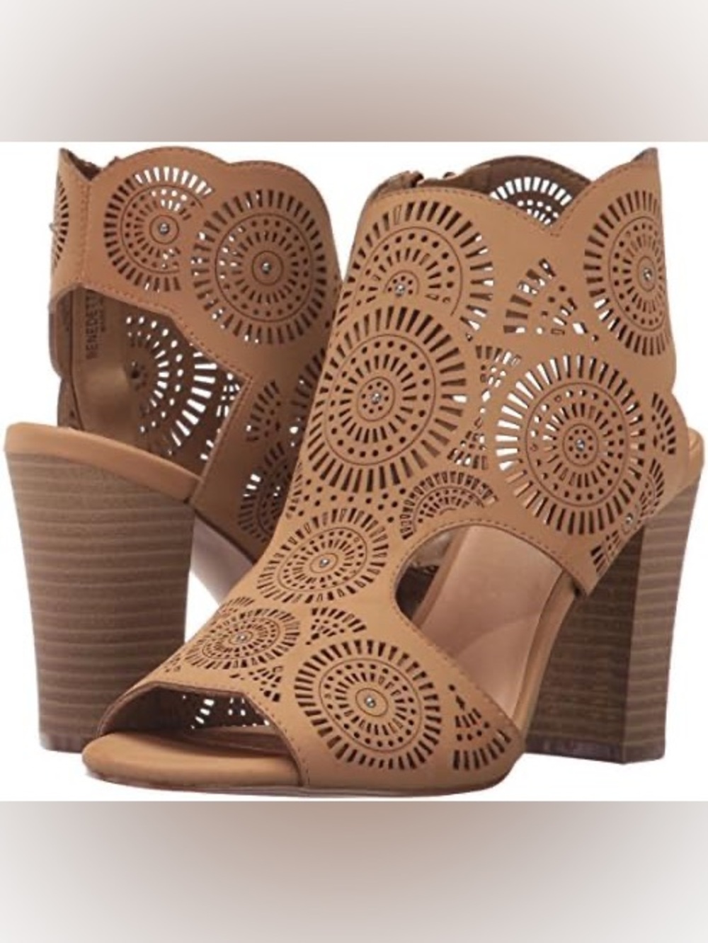Francesca's Collections Tan Laser-Cut Stacked Block Heel Sandals